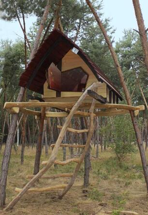 Erlebnisübernachtung Baumhütte für 2 Personen mit Leiteraufstieg 2,5m über dem Boden.